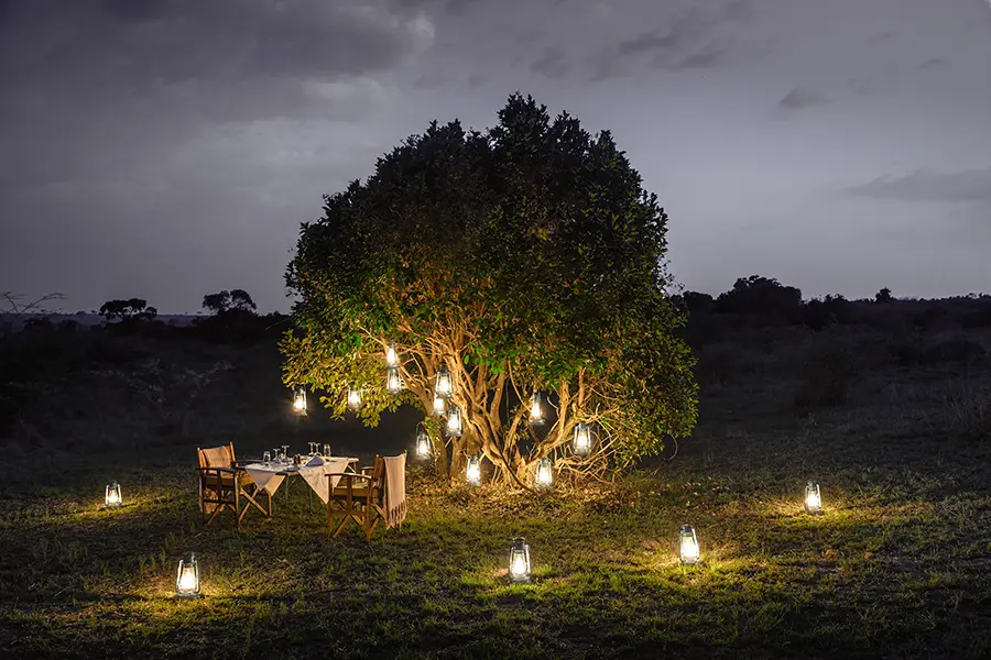 A lantern-lit private dinner setup under the stars.
