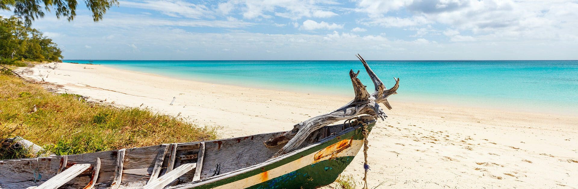 Traditional dhow on a beach in Mozambique.