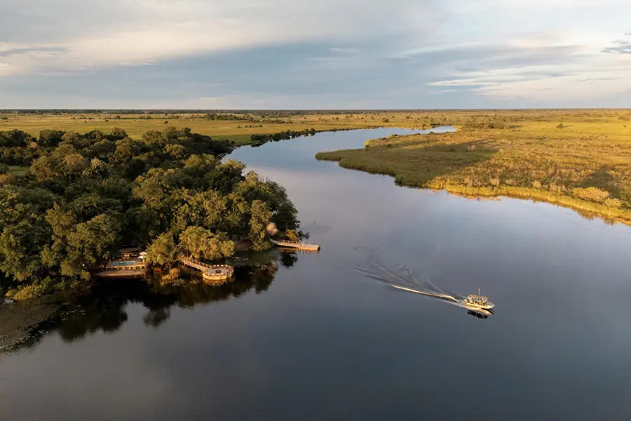 Xugana Island Lodge, set on a permanent water channel in the Okavango Delta. 