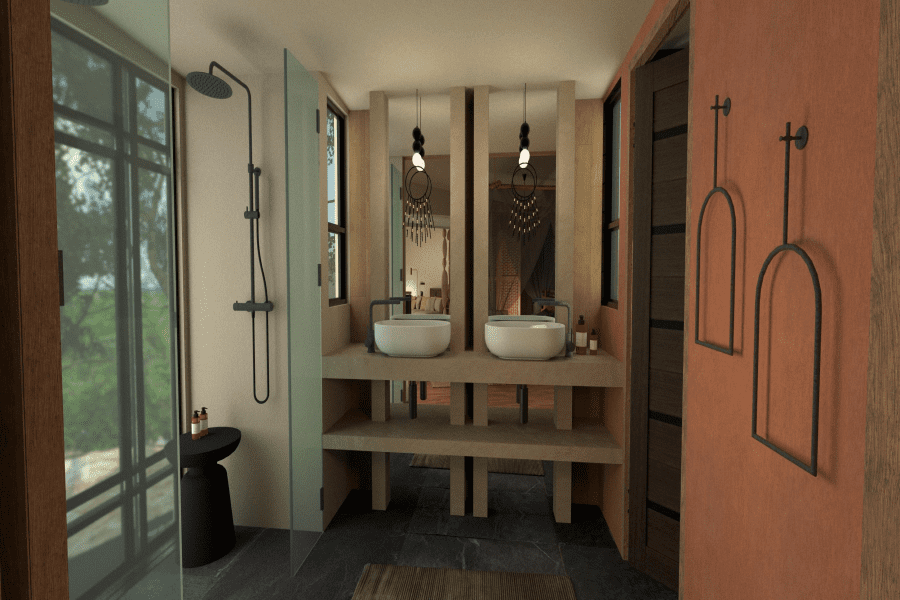 A luxury en-suite bathroom boasts double vanity and walk-in shower. 